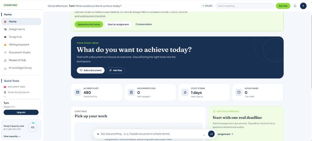 SizaPoint home dashboard — study desk, AI credits, assignments, and Ask Siza